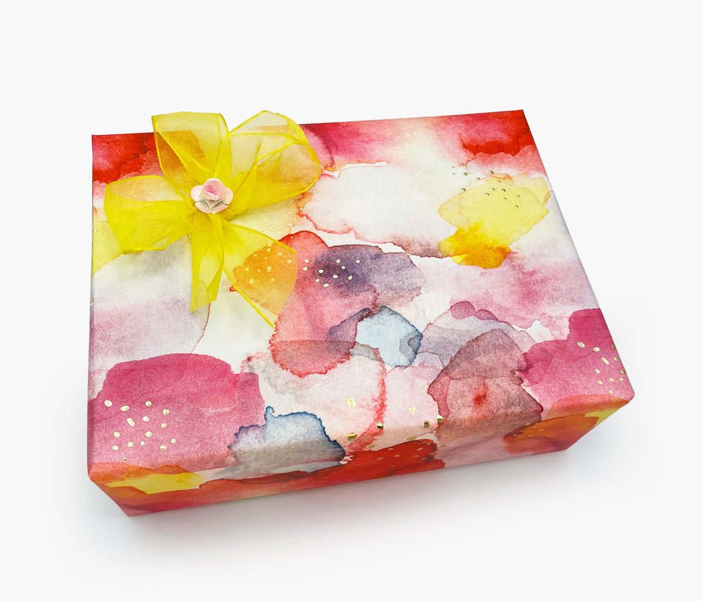 Rocks of Gold in Floral Water | Yellow Organza Bow | Pink Mini Rose Accent.
