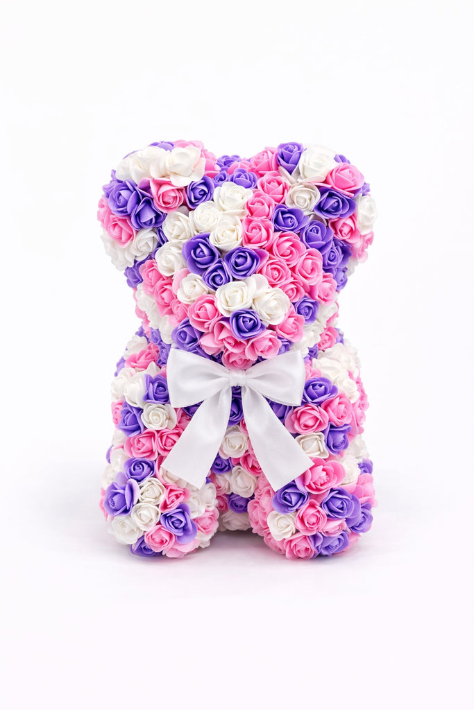 Teddy Bear 10" | Pink-White-Purple Roses | Crystal Clear Gift Box