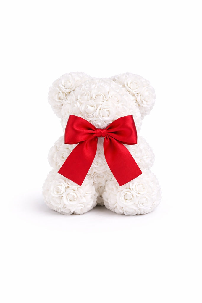 Teddy Bear 10" | White Roses | Crystal Clear Gift Box