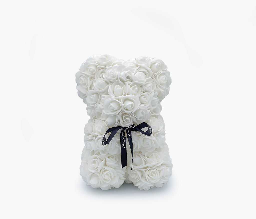 Teddy Bear 10" | White Roses | Crystal Clear Gift Box