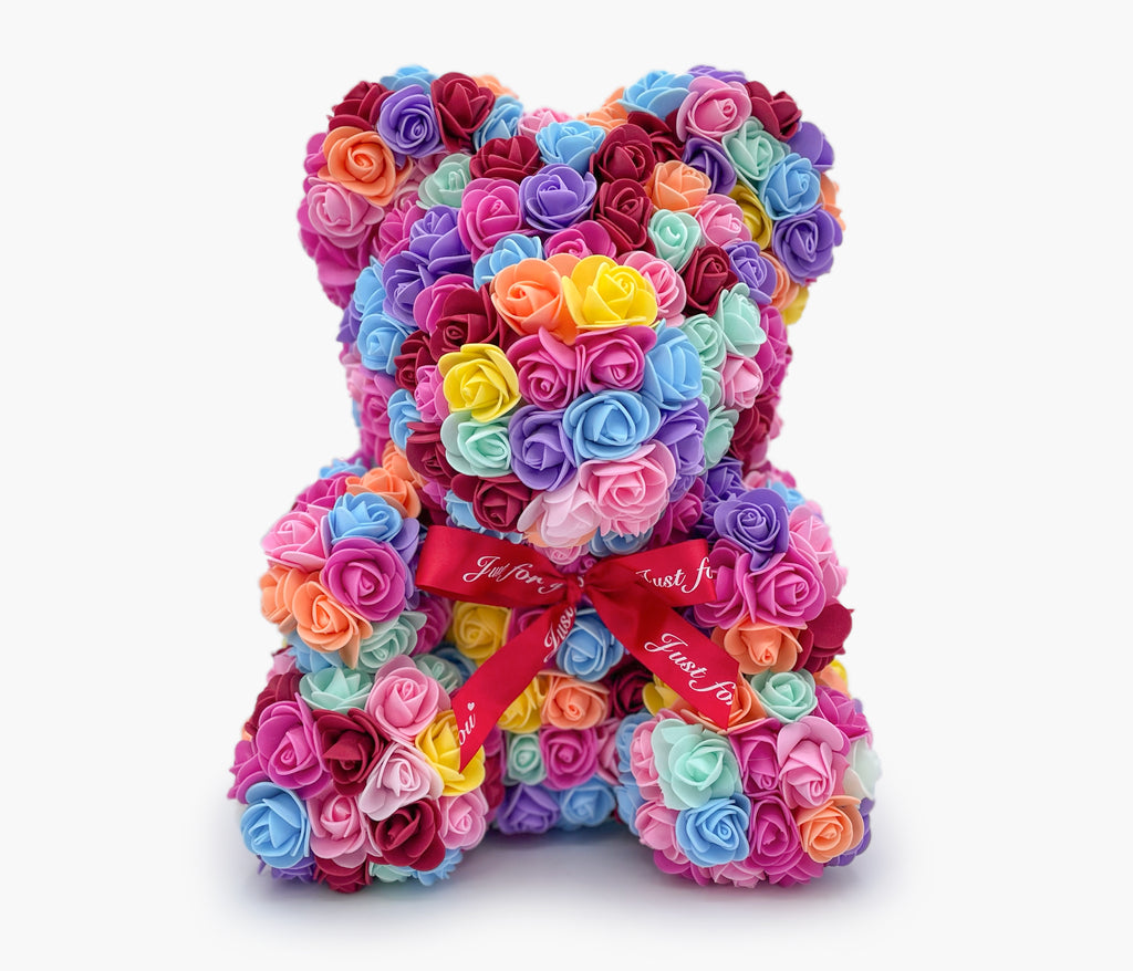 Teddy Bear 14" | Rainbow Roses | Crystal Clear Gift Box