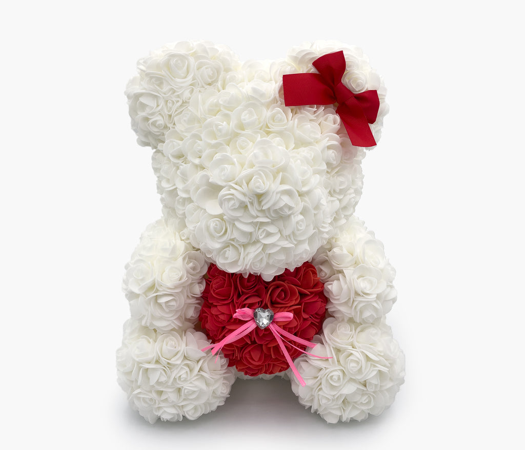 Teddy Bear 14" | White Roses | Red Heart with Crystal | Crystal Clear Gift Box