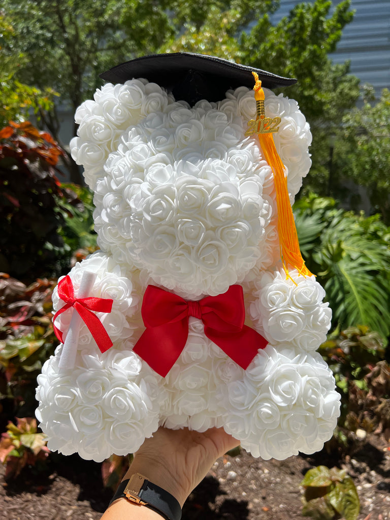 Graduation Teddy Bear 14" | White Roses | Crystal Clear Gift Box