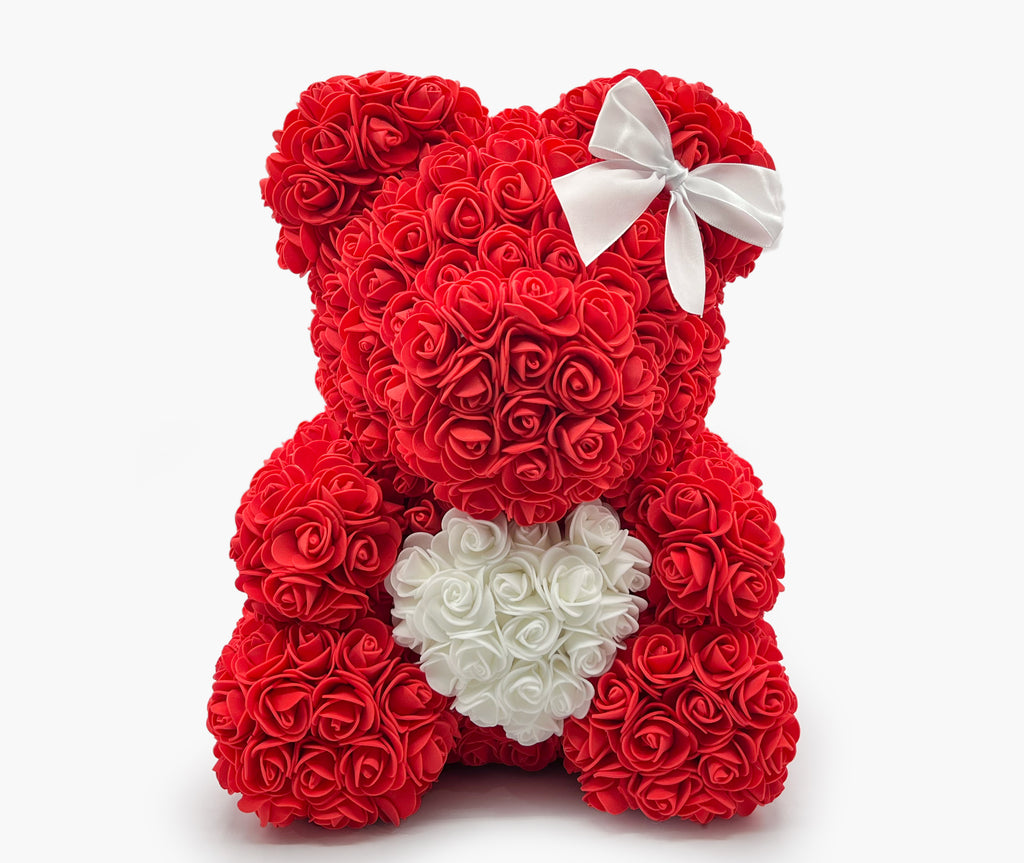 Teddy Bear 14" | Red Roses | White Heart | Crystal Clear Gift Box