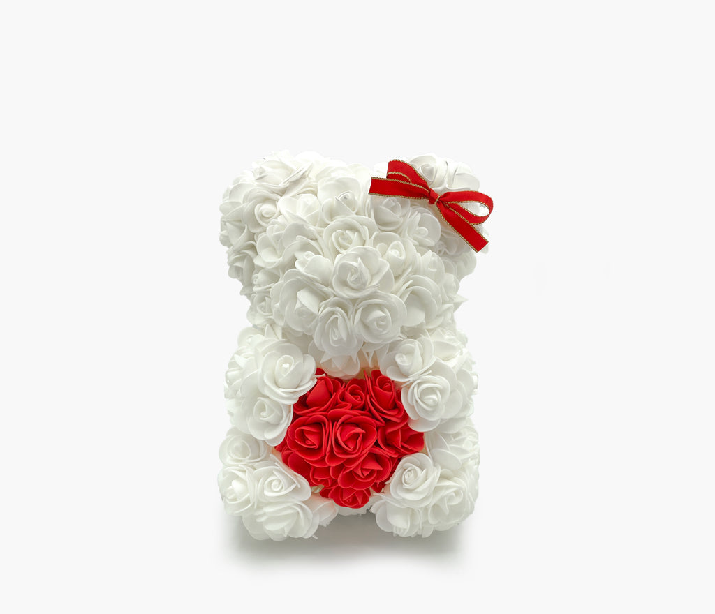 Teddy Bear 10" | White Roses | Red Heart | Crystal Clear Gift Box