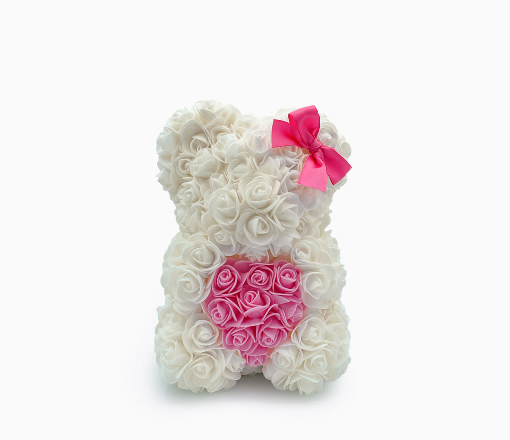 Teddy Bear 10" | White Roses | Pink Heart | Crystal Clear Gift Box