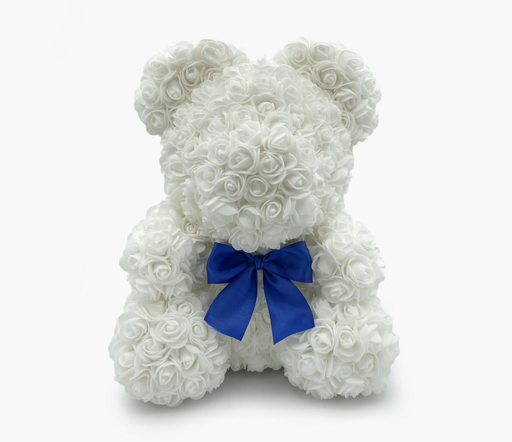 Teddy Bear 14" | White Roses | Crystal Clear Gift Box